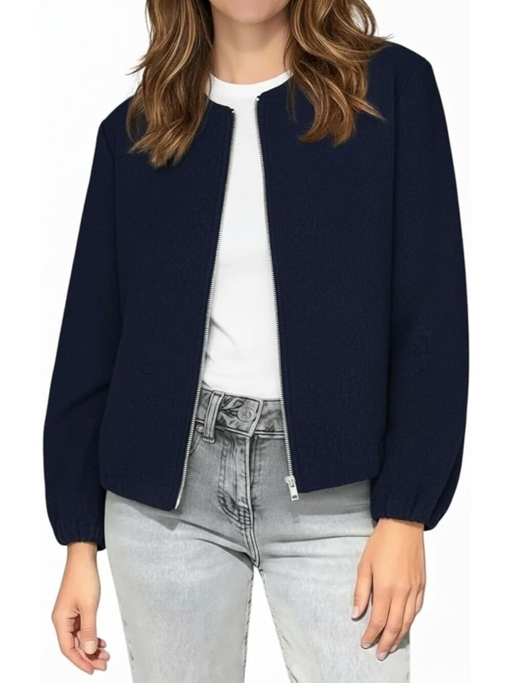 Women's Wool Blend Bomber Jackets Cropped Zip Up Hoodless with Pockets Navy Blue
